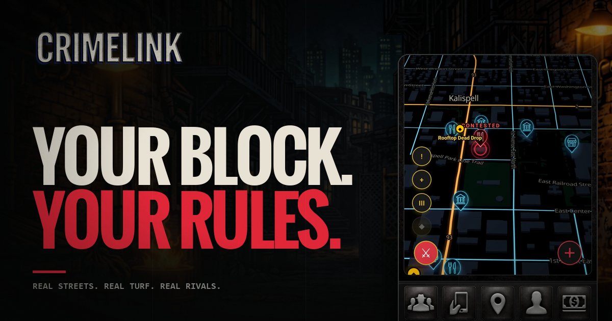 Crimelink: Your block. Your rules. The in-game map of Kalispell with a contested venue.