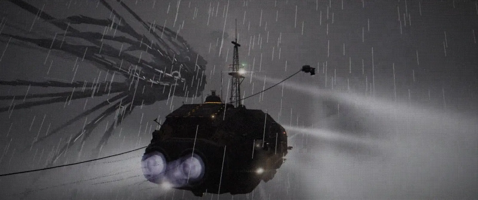 Hauler 17 in a storm beside one of the giant atmosphere processors