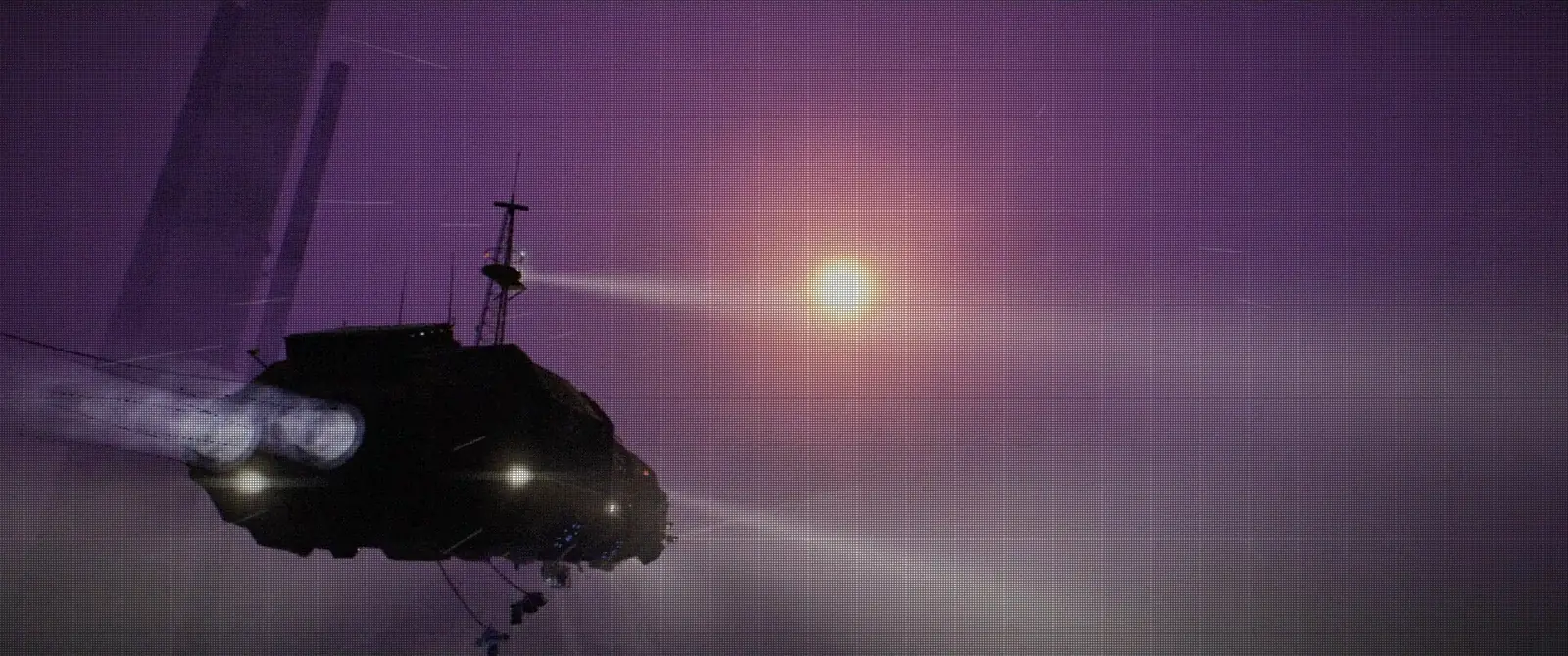Hauler 17 flying under the red dwarf sun in a violet sky