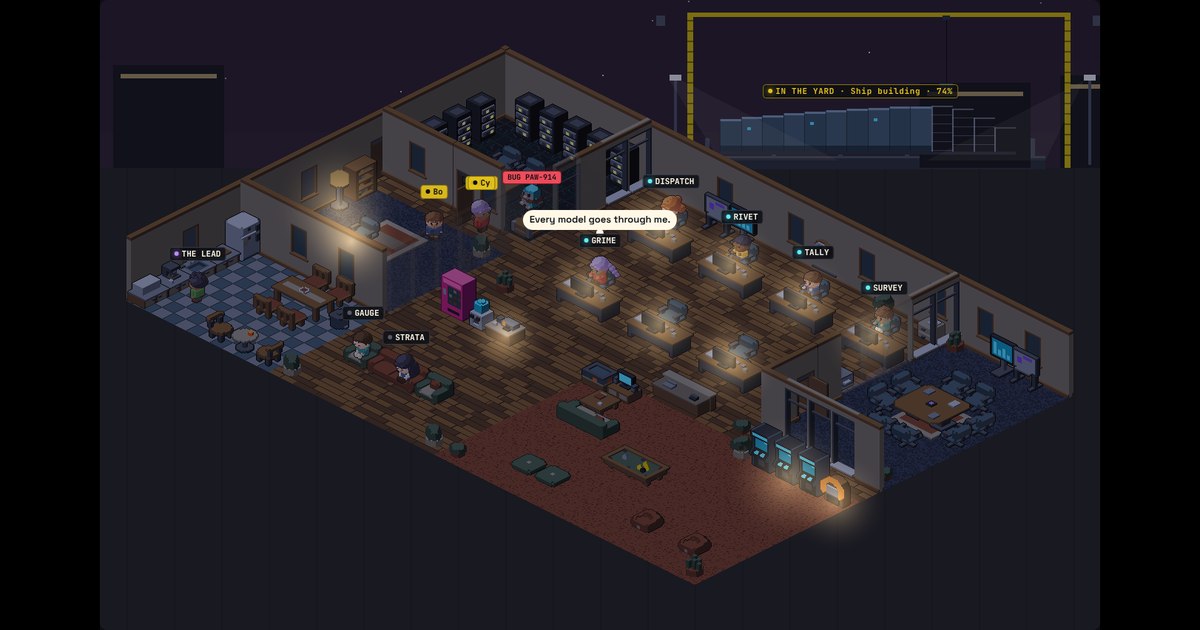 The TinyHQ pixel-art office at night, with AI agents at their desks and a ship being built in the yard outside